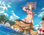  2girls animal_ears armpits ass bangs bare_shoulders blunt_bangs bob_cut bow bow_panties bra breasts breasts_apart brown_eyes butt_crack byakko_(xenoblade) cat_ears clothes_down cloud collarbone day dutch_angle eyebrows_visible_through_hair grey_hair hair_ribbon highres homura_(xenoblade_2) indy_k looking_at_viewer multiple_girls navel niyah outdoors panties red_panties rex_(xenoblade_2) ribbon short_hair sidelocks signature sky small_breasts solo_focus sports_bra striped striped_bra striped_panties topless tora_(xenoblade) tree tsurime underwear underwear_only wading water watermark web_address xenoblade_(series) xenoblade_2 