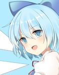  :d blue_eyes blue_hair blush bow cirno commentary_request hair_bow highres large_bow looking_at_viewer looking_back open_mouth puffy_short_sleeves puffy_sleeves short_hair short_sleeves smile solo touhou yururi_nano 