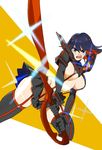  ass black_gloves black_hair blue_eyes breasts gloves holding holding_weapon kikomo kill_la_kill large_breasts matoi_ryuuko open_mouth pleated_skirt red_hair revealing_clothes scissor_blade senketsu skirt solo sparkle suspenders teeth thighhighs two-handed underboob weapon 