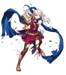  bangs belt belt_pouch bird boots bracelet brown_footwear clenched_teeth cozy dress elbow_gloves fingerless_gloves fire_emblem fire_emblem:_akatsuki_no_megami fire_emblem_heroes full_body gloves hair_ribbon highres jewelry long_hair micaiah official_art one_eye_closed pantyhose parted_lips pouch ribbon scar scarf short_dress silver_hair sleeveless solo teeth torn_clothes torn_legwear transparent_background yellow_eyes yune 