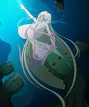  1girl bdsm bestiality blonde_hair breasts earrings gigantic_breasts green_eyes hair_ornament highres lactation lipstick meex2012 mermaid monster_girl open_mouth scales screaming sea_anemone solo tears tentacle underwater very_long_hair 