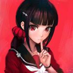  black_hair bow danganronpa finger_to_mouth hair_ornament hair_scrunchie harukawa_maki looking_at_viewer mole mole_under_eye new_danganronpa_v3 qosic red_background red_eyes red_scrunchie red_shirt school_uniform scrunchie serafuku shirt shushing solo twintails upper_body 