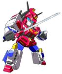  80s autobot beni_(nikaidera) blue_eyes commentary_request fighting_stance full_body glowing highres holding holding_sword holding_weapon insignia no_humans oldschool robot simple_background solo star_saber_(transformers) sword transformers transformers_victory weapon white_background 