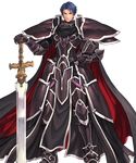  alondite armor bangs black_armor blue_hair broken_armor cape fire_emblem fire_emblem:_akatsuki_no_megami fire_emblem_heroes full_body gauntlets helmet highres holding izuka_daisuke looking_at_viewer male_focus official_art serious shoulder_armor solo spoilers standing sword transparent_background weapon zelgius 