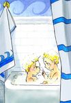  alphonse_elric bath bathing blonde_hair brothers bubble curtains edward_elric fullmetal_alchemist looking_at_another male_focus multiple_boys open_mouth serious siblings smile towel urikurage yellow_eyes 