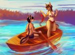  anthro bikini black_hair boat breasts brown_hair canine clothed clothing cloud duo ear_piercing eri-yo eye_contact eyewear female glasses hair jackal mammal navel nipples oar open_mouth outside partially_clothed piercing raised_leg sitting sky standing swimsuit tree vehicle water 