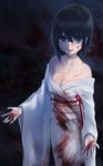  bangs bare_shoulders black_eyes black_hair blood blood_on_face bloody_clothes bloody_hands breasts breasts_apart commentary_request crying crying_with_eyes_open eyebrows_visible_through_hair fatal_frame fatal_frame_2 hair_between_eyes highres japanese_clothes kimono kurosawa_sae long_sleeves looking_at_viewer obi off_shoulder open_mouth outstretched_arms sash short_hair small_breasts solo tare_(tonikaku_magaru) tears teeth white_kimono wide_sleeves 