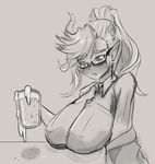  bad_anatomy beer_mug belial_(the_seven_deadly_sins) blush breasts cup drawfag frown glasses greyscale highres holding holding_cup horns huge_breasts monochrome monster_girl office_lady pointy_ears ponytail sketch solo sweatdrop the_seven_deadly_sins 
