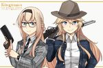  &gt;:) alternate_costume bespectacled black-framed_eyewear black_neckwear blonde_hair blue_eyes brown_hat buttons commentary_request glasses gun hair_between_eyes hat holding holding_gun holding_weapon ido_(teketeke) iowa_(kantai_collection) kantai_collection kingsman:_the_golden_circle kingsman:_the_secret_service long_hair long_sleeves multiple_girls necktie parody smile sparkle v-shaped_eyebrows warspite_(kantai_collection) weapon 