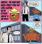  anthro bear brown_fur cigarette clothed clothing comic english_text fur hat human humor mammal onegianthand partially_clothed smokey_bear smoking speech_bubble text 