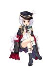  absurdres bian_qunqing boots closed_mouth commentary_request crossed_legs finger_to_mouth full_body gloves hair_ornament hair_ribbon hat highres jacket red_eyes ribbon short_hair shorts solo vittorio_veneto_(zhan_jian_shao_nyu) white_background white_hair zhan_jian_shao_nyu 