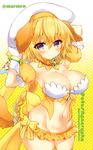  animal_ears arm_behind_head artist_name bangs beret blonde_hair blush bow bracelet braid breasts cleavage closed_mouth commentary_request copyright_name detached_collar detached_sleeves dog_ears dog_girl dog_tail eyebrows_visible_through_hair fate/apocrypha fate/extella fate/extra fate_(series) gloves groin hair_between_eyes hat jeanne_d'arc_(fate) jeanne_d'arc_(fate)_(all) jewelry kemonomimi_mode large_breasts looking_at_viewer low_ponytail marshmallow_mille microskirt navel orange_collar orange_legwear orange_skirt pleated_skirt ponytail puffy_short_sleeves puffy_sleeves purple_eyes short_sleeves skirt solo tail thighhighs two-tone_background white_gloves white_hat yellow yellow_bow 