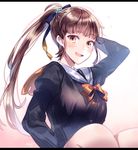  blush breasts brown_hair commentary_request eyebrows eyebrows_visible_through_hair hair_ribbon large_breasts long_hair long_sleeves looking_at_viewer moe_on_drop mole mole_under_eye open_mouth original ponytail ribbon school_uniform solo sweatdrop upper_body yellow_eyes 
