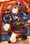  ahoge black_footwear black_gloves blue_nails blush boots breasts brown_hair drill_hair eyebrows_visible_through_hair fingerless_gloves full_body gloves highres holding holding_microphone idolmaster idolmaster_million_live! idolmaster_million_live!_theater_days kamille_(vcx68) knee_boots looking_at_viewer medium_breasts microphone nail_polish one_knee parted_lips purple_eyes short_hair side_drill skirt smile solo teeth yokoyama_nao 