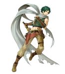  bangs belt dagger elbow_gloves fingerless_gloves fire_emblem fire_emblem:_akatsuki_no_megami fire_emblem_heroes full_body gloves green_hair highres holding holding_weapon kyuusugi_toku looking_away male_focus midriff multiple_belts official_art pants parted_lips scarf sleeveless solo sothe transparent_background weapon yellow_eyes 