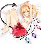  alternate_eye_color armpits arms_up bandeau bare_arms bare_legs barefoot blonde_hair breasts dated flandre_scarlet full_body hair_between_eyes hair_ribbon houdukixx laevatein_(tail) looking_at_viewer lying on_side one_side_up red_ribbon ribbon sketch small_breasts solo tail touhou wings yellow_eyes 