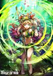  barefoot blonde_hair breasts center_opening cleavage copyright_name fiethsing_(force_of_will) flower force_of_will gem grass green_eyes hair_flower hair_ornament komamitsu medium_breasts midriff navel official_art pointy_ears solo sparkle staff 