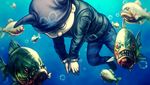  asphyxiation brown_hair closed_eyes cuffs danganronpa death drowning fish game_cg handcuffs hat highres horned_headwear hoshi_ryouma jacket komatsuzaki_rui leather leather_jacket male_focus new_danganronpa_v3 official_art pants piranha solo spoilers striped striped_pants water 