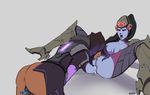  2girls anus areolae artist_name ass blue_skin bottomless breasts cunnilingus fingering head_mounted_display masturbation multicolored_hair multiple_girls nipples open_mouth overwatch pussy pussy_juice sombra_(overwatch) teeth tongue widowmaker_(overwatch) yuri zaun-derground 