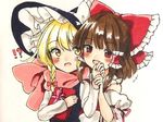  +++ 2girls :d blonde_hair blouse blush bow box brown_hair commentary_request d: detached_sleeves gift gift_box hair_bow hair_tubes hakurei_reimu hat holding_hands kirisame_marisa large_bow long_sleeves multiple_girls open_mouth red_eyes scarf smile touhou traditional_media vest wide_sleeves witch_hat yellow_eyes yururi_nano 