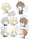  1boy 2girls :d ahoge bangs bare_shoulders black_capelet black_neckwear blank_eyes blonde_hair blush blush_stickers braid brown_hair capelet colorized comic commentary eyebrows_visible_through_hair fate/apocrypha fate/grand_order fate_(series) from_side hand_on_own_chin highres hime_(sasukken) jeanne_d'arc_(fate) jeanne_d'arc_(fate)_(all) long_braid long_sleeves looking_at_another multiple_girls necktie open_mouth purple_eyes red_eyes shirt short_hair sieg_(fate/apocrypha) silver_hair single_braid sleeveless sleeveless_shirt smile speech_bubble sweat thinking thumbs_up translated waistcoat white_shirt yellow_eyes 