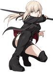  artoria_pendragon_(all) bangs belt blonde_hair boots breasts closed_mouth dark_excalibur fate/grand_order fate_(series) holding holding_sword holding_weapon jacket long_hair looking_at_viewer medium_breasts saber_alter shiseki_hirame shorts simple_background solo squatting sword thigh_boots thighhighs weapon white_background yellow_eyes 
