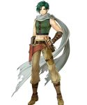  bangs belt dagger fingerless_gloves fire_emblem fire_emblem:_akatsuki_no_megami fire_emblem_heroes full_body gloves green_hair hand_on_hip highres kyuusugi_toku looking_at_viewer male_focus midriff multiple_belts official_art pants scarf sleeveless solo sothe standing transparent_background weapon yellow_eyes 