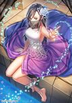  bare_shoulders barefoot black_hair blurry copyright_name dress flower green_eyes hair_flower hair_ornament interitio jewelry light_particles official_art purple_dress rose see-through sid_story sitting solo veil water white_flower white_rose 