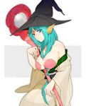  aqua_hair bare_shoulders blue_eyes breasts circlet cleavage hat highres kikomo large_breasts long_hair looking_at_viewer magi_the_labyrinth_of_magic seashell shell smile solo staff very_long_hair witch_hat yamuraiha 