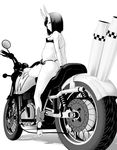  ankle_ribbon arm_support ass breasts fate/grand_order fate_(series) greyscale ground_vehicle horns looking_at_viewer looking_back monochrome motor_vehicle motorcycle on_motorcycle oni oni_horns revealing_clothes ribbon shiromako short_hair shuten_douji_(fate/grand_order) simple_background small_breasts smile solo white_background 