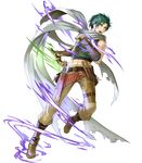  bangs belt dagger elbow_gloves fingerless_gloves fire_emblem fire_emblem:_akatsuki_no_megami fire_emblem_heroes full_body gloves green_hair highres holding holding_weapon kyuusugi_toku looking_away male_focus midriff multiple_belts official_art open_mouth pants scarf sleeveless solo sothe transparent_background weapon yellow_eyes 