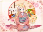  animal_ears aqua_eyes blonde_hair blush catgirl flowers hamaru_(s5625t) japanese_clothes kimono long_hair original 