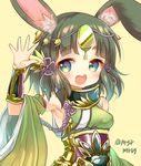  :d animal_ears arm_up armpits bangs blush breasts bunny_ears detached_sleeves eyebrows_visible_through_hair fingernails green_eyes green_hair green_kimono hair_ornament japanese_clothes kaguya-hime_(p&amp;d) kimono long_hair looking_at_viewer marshmallow_mille medium_breasts open_mouth puzzle_&amp;_dragons simple_background smile solo twitter_username wide_sleeves yellow_background 