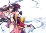  back-to-back bare_shoulders black_hair blue_eyes breasts calligraphy_brush fate/grand_order fate_(series) flower hair_flower hair_ornament highres hood japanese_clothes katsushika_hokusai_(fate/grand_order) kimono large_breasts long_hair looking_at_viewer low_twintails medium_breasts multiple_girls octopus osakabe-hime_(fate/grand_order) outstretched_arm paintbrush purple_eyes short_hair suga_hideo tokitarou_(fate/grand_order) twintails twitter_username waves 