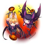  :d animal_ears arm_up ascot bangs bat_band bat_ears black_hair black_skirt blonde_hair blunt_bangs cape commentary_request common_vampire_bat_(kemono_friends) common_vampire_bat_(kemono_friends)_(cosplay) cosplay fangs finger_to_mouth from_above gradient halloween highres jack-o'-lantern kemono_friends looking_at_viewer multicolored_hair multiple_girls nina_yuki open_mouth paw_pose pink_neckwear pleated_skirt purple_eyes purple_hair serval_(kemono_friends) serval_ears serval_tail short_hair skirt smile tail v-shaped_eyebrows yellow_eyes 