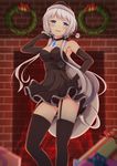 :d alternate_costume armpits azur_lane bad_id bad_pixiv_id bangs black_dress black_gloves black_legwear black_panties blue_eyes blurry blush breasts brick_wall choker christmas cleavage commentary_request depth_of_field dress elbow_gloves eyebrows_visible_through_hair garter_straps gift gloves hair_ornament hair_ribbon hand_in_hair hand_on_hip hat illustrious_(azur_lane) indoors inora large_breasts long_hair looking_at_viewer mole mole_under_eye open_mouth panties ribbon santa_hat sapphire_(stone) sidelocks smile solo thighhighs thighs tress_ribbon underwear 