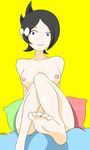  1girl barefoot bed black_hair blue_eyes breasts feet female mai_(pokemon) nipples nude pillows pokemon pokemon_(game) pokemon_dppt shiny_skin signature simple_background solo toes 
