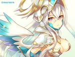 armor bangs beige_background blue_wings blush breasts cleavage elia_(p&amp;d) from_side gauntlets gradient_wings hair_between_eyes halo helmet large_breasts long_hair looking_at_viewer looking_to_the_side marshmallow_mille multicolored multicolored_wings parted_lips puzzle_&amp;_dragons red_eyes silver_hair simple_background solo very_long_hair white_wings winged_helmet wings 