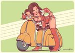  alternate_costume bent_over biker_clothes bikesuit blue_eyes boots breasts brown_hair cappy_(mario) cleavage commentary ground_vehicle helmet looking_at_viewer mario_(series) mario_kart medium_breasts motor_vehicle pauline_(mario) scooter smile super_mario_bros. super_mario_odyssey thigh_boots thighhighs vespa winton_kidd 