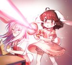  animal_ears beam bloomers blush book brown_eyes brown_hair bunny_ears bunny_tail dress energy firing highres holding inaba_tewi lunatic_gun multiple_girls pink_dress pink_hair reisen_udongein_inaba shan sitting standing surprised sweatdrop tail touhou underwear 