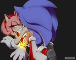  amy_rose anthro black_background blue_fur blue_hair blush boots bracelet clothed clothing duo female footwear fur gloves green_eyes hair half-closed_eyes headband hedgehog jewelry male male/female mammal one_eye_closed pikative pink_fur pink_hair shoes simple_background sonic_(series) sonic_the_hedgehog 