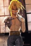  artist_name automail bare_chest belt biting blonde_hair blood blood_on_face blurry blurry_background chest edward_elric fullmetal_alchemist gloves looking_at_viewer male_focus pants scar serious shirtless solo standing twitter_username urikurage window yellow_eyes 