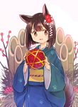  animal_ears ball bangs blush brown_hair commentary dog_ears fingernails flower hair_between_eyes hair_ornament hands_up highres holding holding_ball japanese_clothes kadomatsu kimono looking_at_viewer miya9 multicolored multicolored_clothes multicolored_kimono obi obijime open_mouth original paw_print_pattern plant sash short_hair solo standing 