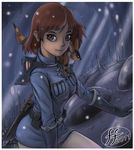  1girl breasts brown_hair closed_mouth commentary earrings gloves highres jewelry kaze_no_tani_no_nausicaa medium_breasts nausicaa short_hair smile solo 