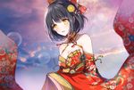  black_hair blush bow breasts cleavage detached_sleeves hair_bow idolmaster idolmaster_cinderella_girls idolmaster_cinderella_girls_starlight_stage japanese_clothes kimono large_breasts lens_flare looking_at_viewer nennen short_hair smile solo takafuji_kako yellow_eyes 