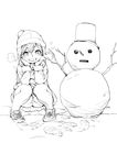  breath child cold commentary_request grin hands_on_own_cheeks hands_on_own_face highres mizu original short_hair smile snowman solo squatting 