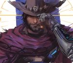  1boy beard black_hair blue_background brown_eyes cigar cowboy_hat facial_hair hand_on_headwear hat jang_ju_hyeon light_smile lips looking_at_viewer male_focus mccree_(overwatch) mechanical_arm overwatch poncho portrait short_hair sketch smoking solo striped striped_background vertical-striped_background vertical_stripes white_background 