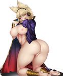  :d anus ass bar_censor barefoot blush bracer breasts cape censored cleavage headphones highres huge_breasts kneeling looking_at_viewer naked_cape nipples open_mouth sekiyu_(spartan) smile smug solo thick_thighs thighs touhou toyosatomimi_no_miko twisted_torso yellow_eyes 