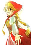  72yan blonde_hair bonnet braid coat commentary_request cordelia_(saga) dress head_scarf juliet_sleeves long_hair long_sleeves puffy_sleeves red_eyes saga saga_frontier_2 smile solo traditional_clothes twin_braids twintails white_background 