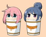  blue_eyes blue_hair chibi closed_mouth cup cup_ramen english eyebrows_visible_through_hair hair_between_eyes hair_bun kagamihara_nadeshiko long_hair multiple_girls orange_background pink_eyes pink_hair shima_rin simple_background smile twumi yurucamp 